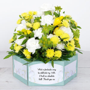 3D Flowerbox with Yellow Freesias, Carnations and Chrysanthemums