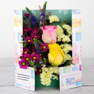 Birthday Flowers with Purple Veronica, Pink Roses, Lemon Statice and Eucalyptus