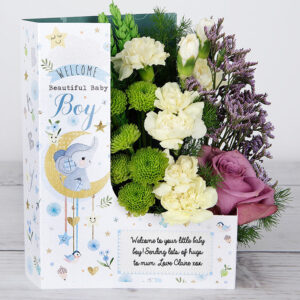 Dutch Roses, Santini, Carnations and Ming Fern New Baby Boy Congratulations Flowers