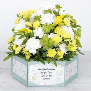 Flowerbox with Yellow Freesias, Chrysanthemums, Carnations, Bupleurum and Pretty Pistache