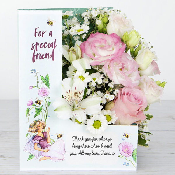 Friendship Flowercard with Pink Roses, Gypsophila and Alstroemeria and Lisianthus