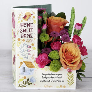 Home Sweet Home' Congratulation Flowercard with Orange Roses, Lime Santini, Chrysanthemums, Spray Carnations, Lime Wheat and Ruscus