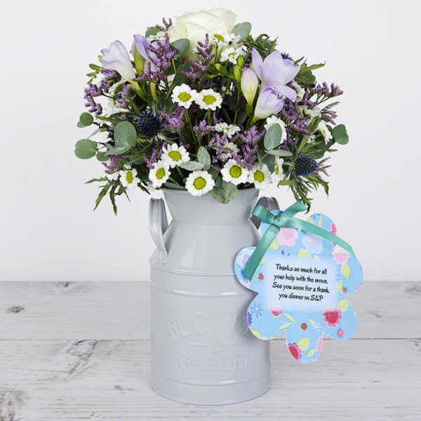 Keepsake Flowerchurn with Dutch Avalanche Roses, Purple Freesias, Lilac Limonium and Fresh Eucalyptus Gunnii