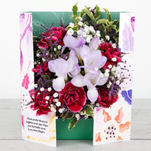 Lilac Freesias, Carnations, Lilac Limonium and Gypsophila Flowercard