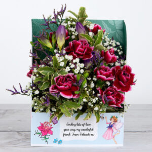 Lilac Freesias, Carnations and Gypsophila Flowercard