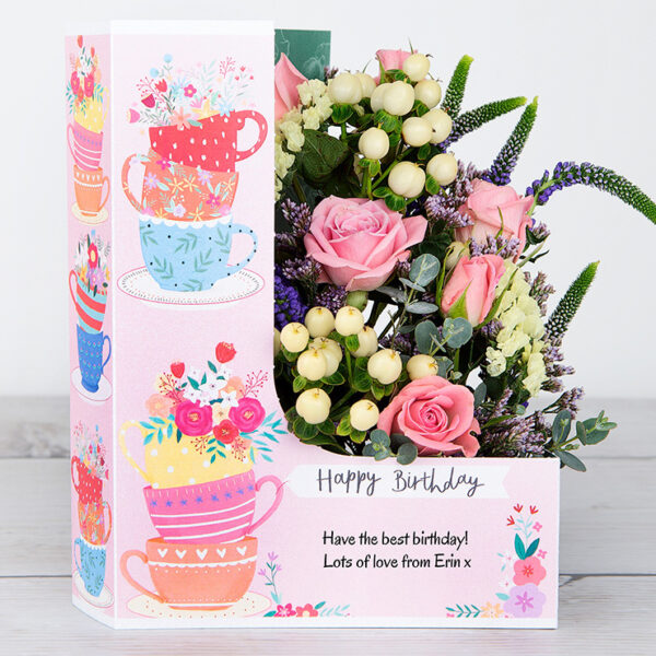 Lilac Spray Roses, Purple Veronica and Lemon Hypericum Birthday Flowercard