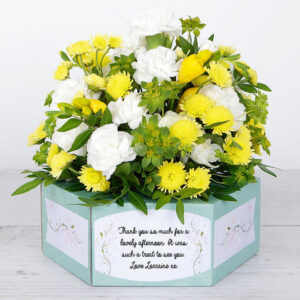 Personalised Flowerbox with Yellow Freesias, Chrysanthemums, Carnations, Bupleurum and Pretty Pistache.