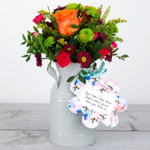 Personalised Flowerchurn with Orange Roses, Spray Carnations, Santini, Painted Wheat and Pistache Tree