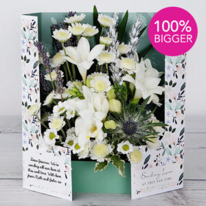Personalised Sympathy Flowers with Chrysanthemums, White Freesias, Dried Lavender, Silver Wheat, Chico Palm and Pittosporum