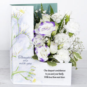 Personalised Sympathy Flowers with Spray Carnations, Lisianthus, Gypsophila, Pittosporum and Chico Leaf