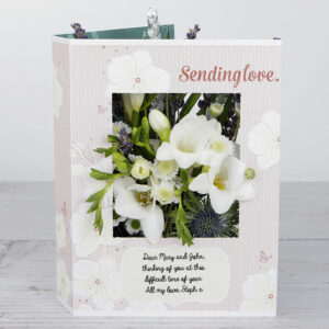 Sending Love' Flowercard with White Freesias, Spray Chrysanthemum, Santini, Ornithogalum, Lavender Sprigs and Silver Wheat