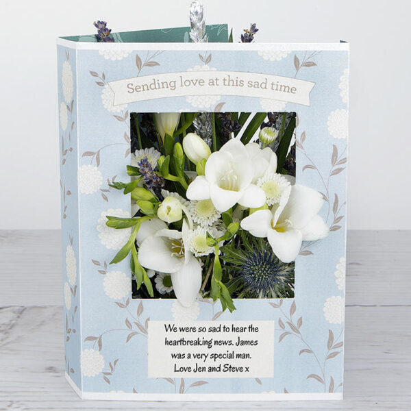 Sympathy Flowers with White Freesias, Santini, Sprigs of Lavender, Pittosporum and Silver Wheat