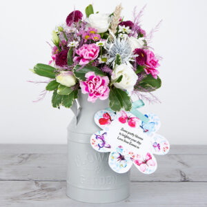 White Lisianthus, Painted Wheat, Santini, Tree Fern and Spray Carnations in our Keepsake Flowerchurns