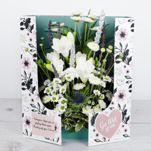 White Santini and Freesias with Lavender and Silver Wheat 'Get Well Soon' Flowercard