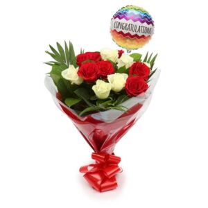 Congratulations Balloon & 12 Red & White Roses